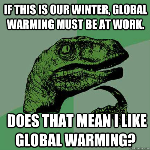 If this is our winter, global warming must be at work.  Does that mean I like global warming?  Philosoraptor