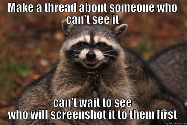 MAKE A THREAD ABOUT SOMEONE WHO CAN'T SEE IT CAN'T WAIT TO SEE WHO WILL SCREENSHOT IT TO THEM FIRST Evil Plotting Raccoon