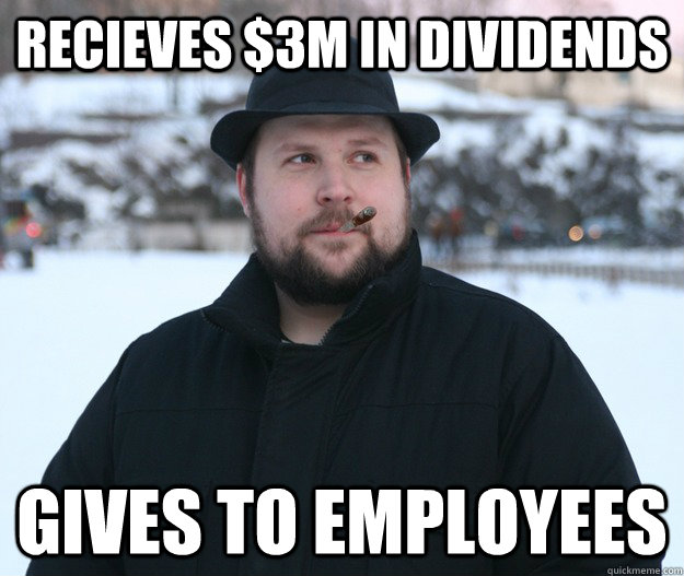 Recieves $3M in dividends Gives to employees  