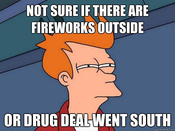 Not sure if there are fireworks outside or drug deal went south  Futurama Fry