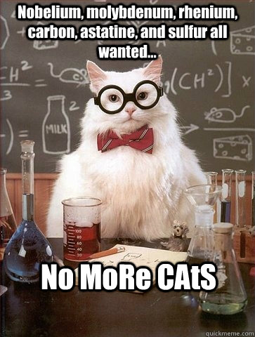 Nobelium, molybdenum, rhenium, carbon, astatine, and sulfur all wanted... No MoRe CAtS  Chemistry Cat