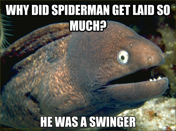 Why did Spiderman get laid so much? He was a Swinger  Bad Joke Eel