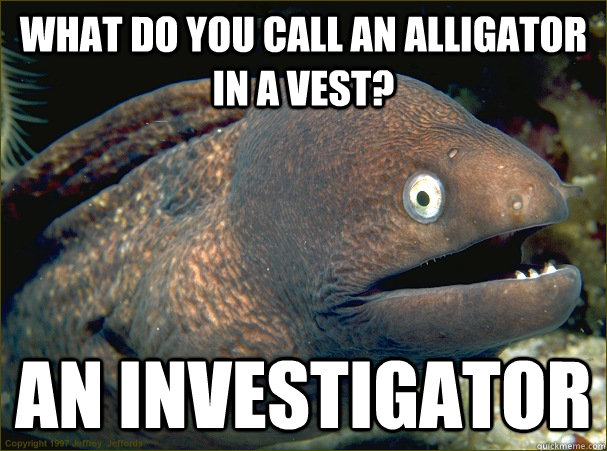 what do you call an alligator in a vest? An investigator  Bad Joke Eel