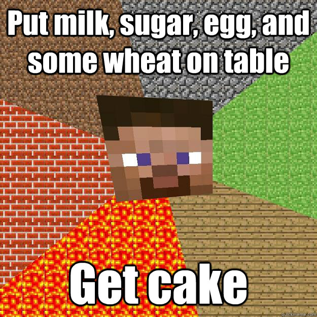 Put milk, sugar, egg, and some wheat on table Get cake - Put milk, sugar, egg, and some wheat on table Get cake  Minecraft