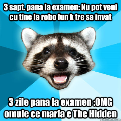 3 sapt. pana la examen: Nu pot veni cu tine la robo fun k tre sa invat  3 zile pana la examen :OMG omule ce marfa e The Hidden  Lame Pun Coon