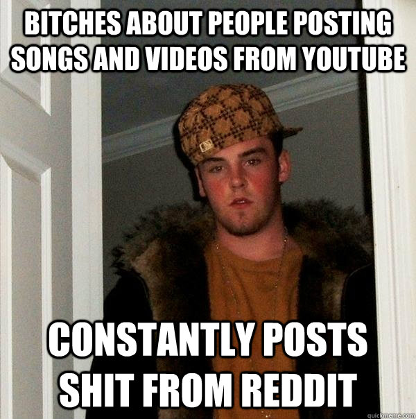 bitches about people posting songs and videos from youtube constantly posts shit from reddit  Scumbag Steve