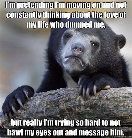 I'm pretending I'm moving on and not constantly thinking about the love of my life who dumped me, but really I'm trying so hard to not bawl my eyes out and message him. - I'm pretending I'm moving on and not constantly thinking about the love of my life who dumped me, but really I'm trying so hard to not bawl my eyes out and message him.  Confession Bear