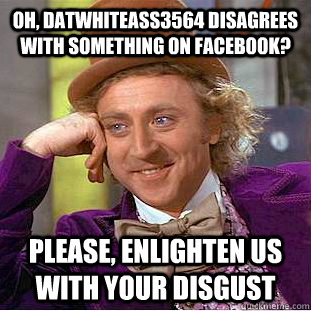 Oh, Datwhiteass3564 disagrees with something on facebook? please, enlighten us with your disgust - Oh, Datwhiteass3564 disagrees with something on facebook? please, enlighten us with your disgust  Condescending Wonka