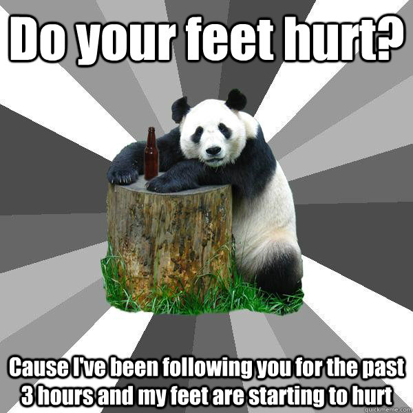 Do your feet hurt? Cause I've been following you for the past 3 hours and my feet are starting to hurt  Pickup-Line Panda