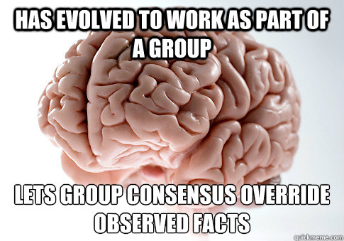 has evolved to work as part of a group lets group consensus override observed facts   Scumbag Brain