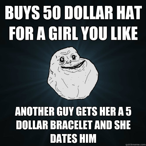 Buys 50 dollar hat for a girl you like Another guy gets her a 5 dollar bracelet and she dates him  Forever Alone