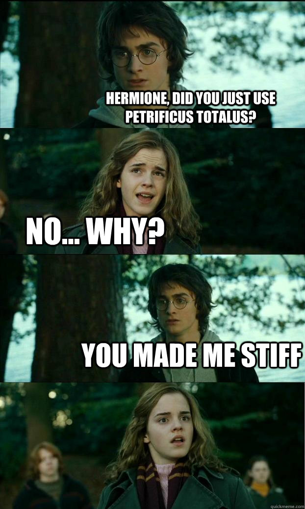 Hermione, did you just use Petrificus Totalus? No... why? You made me stiff - Hermione, did you just use Petrificus Totalus? No... why? You made me stiff  HornyHarry