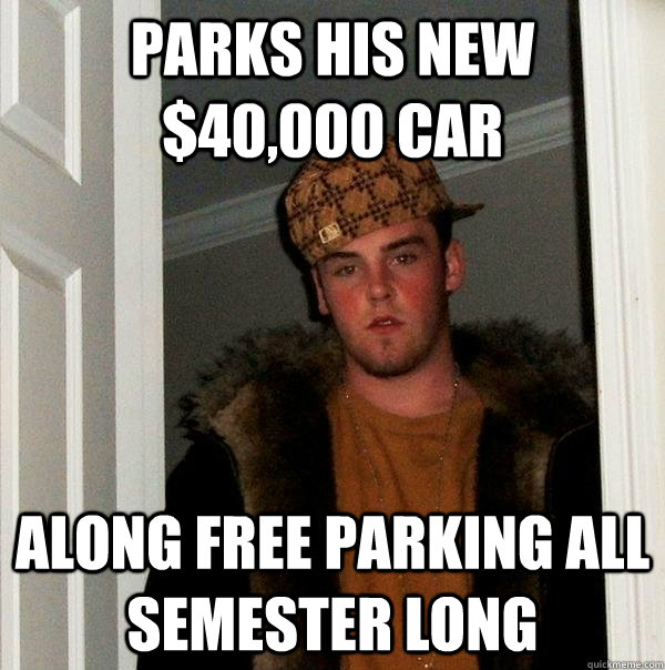 Parks his new $40,000 car along free parking all semester long - Parks his new $40,000 car along free parking all semester long  Scumbag Steve