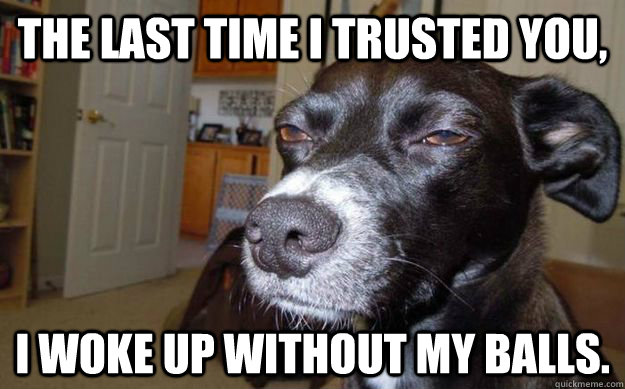 The last time I trusted you, i woke up without my balls.  Skeptical Mutt