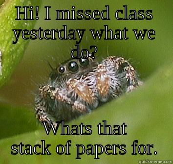 HI! I MISSED CLASS YESTERDAY WHAT WE DO? WHATS THAT STACK OF PAPERS FOR. Misunderstood Spider