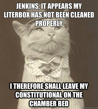 Jenkins, it appears my literbox has not been cleaned properly I therefore shall leave my constitutional on the chamber bed  Aristocat