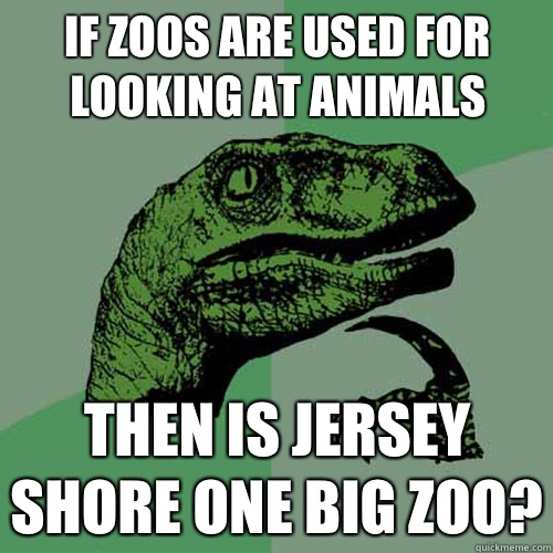 If Zoos are used for looking at animals Then is jersey shore one big zoo? - If Zoos are used for looking at animals Then is jersey shore one big zoo?  Philosoraptor