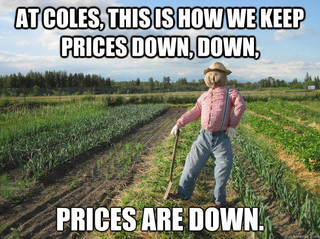 at coles, this is how we keep prices down, down, prices are down.  Scarecrow