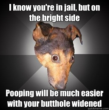 I know you're in jail, but on the bright side Pooping will be much easier with your butthole widened  Depression Dog