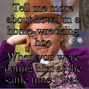 TELL ME MORE ABOUT HOW I'M A HOME-WRECKING HOE WHEN YOU WERE DATING HIM AT THE SAME TIME I WAS. Condescending Wonka