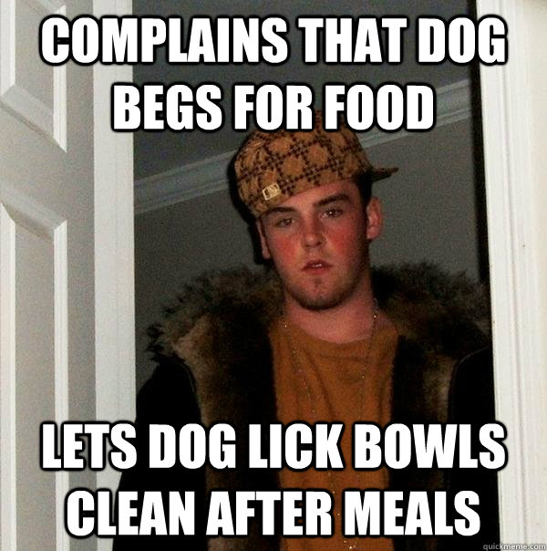 Complains that dog begs for food Lets dog lick bowls clean after meals  Scumbag Steve