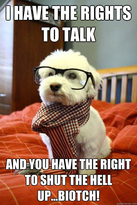 i have the rights to talk and you have the right to shut the hell up...biotch!  Hipster Dog