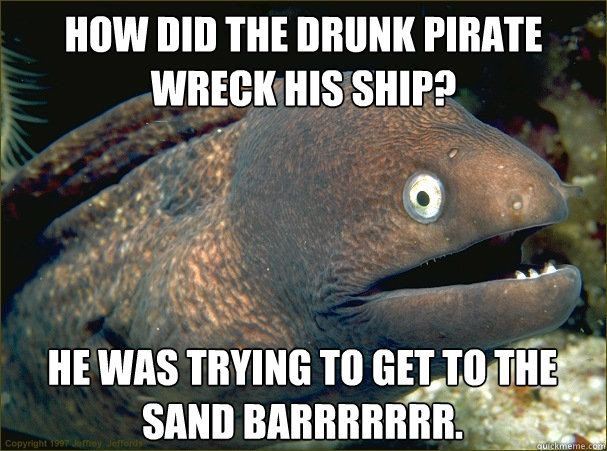 how did the drunk pirate wreck his ship? He was trying to get to the sand barrrrrrr.  Bad Joke Eel