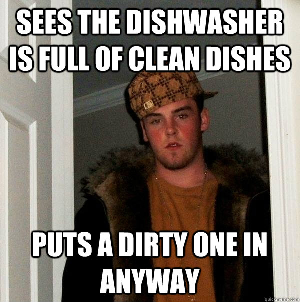 Sees the dishwasher is full of clean dishes puts a dirty one in anyway  Scumbag Steve