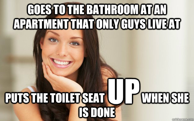 Goes to the bathroom at an apartment that only guys live at puts the toilet seat                  when she is done up  Good Girl Gina