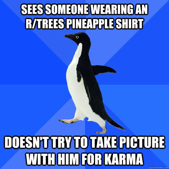 Sees someone wearing an r/trees pineapple shirt doesn't try to take picture with him for karma  Socially Awkward Penguin