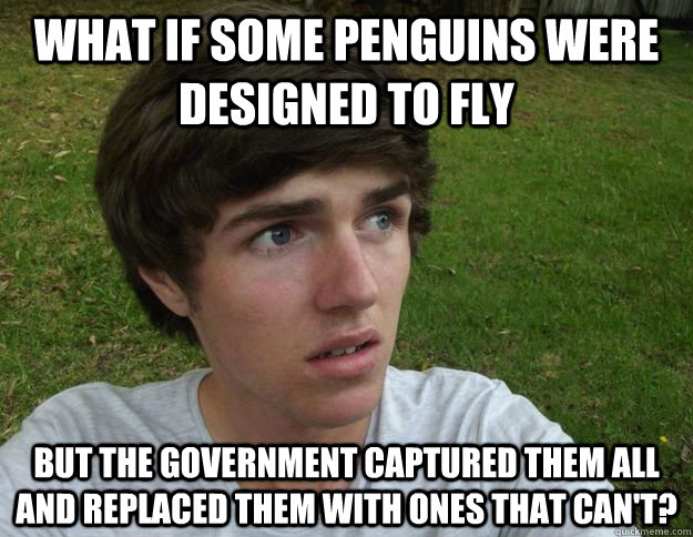 what if some penguins were designed to fly but the government captured them all and replaced them with ones that can't? - what if some penguins were designed to fly but the government captured them all and replaced them with ones that can't?  Scared shit Trent