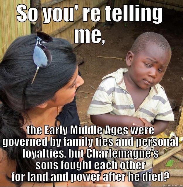 SO YOU' RE TELLING ME, THE EARLY MIDDLE AGES WERE GOVERNED BY FAMILY TIES AND PERSONAL LOYALTIES, BUT CHARLEMAGNE'S SONS FOUGHT EACH OTHER FOR LAND AND POWER AFTER HE DIED? Skeptical Third World Kid