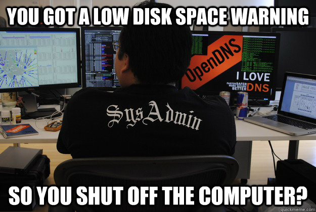 you got a low disk space warning so you shut off the computer?  Success SysAdmin