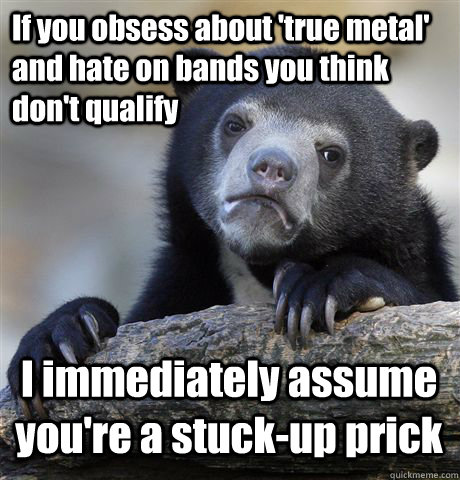 If you obsess about 'true metal' and hate on bands you think don't qualify I immediately assume you're a stuck-up prick  Confession Bear