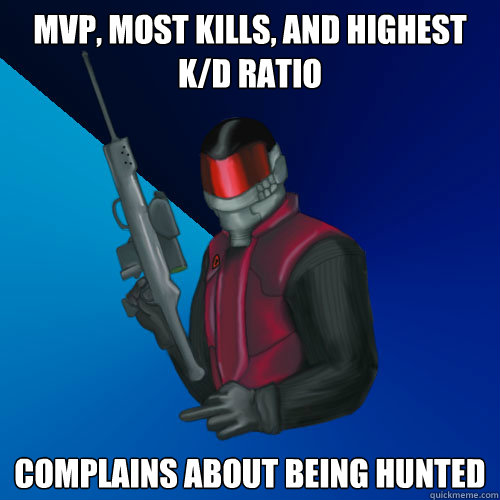 MVP, most kills, and highest k/d ratio Complains about being hunted - MVP, most kills, and highest k/d ratio Complains about being hunted  Misc