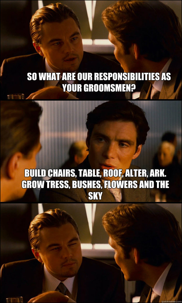 so what are our responsibilities as your groomsmen? build chairs, table, roof, alter, ark. Grow tress, bushes, flowers and the sky   Inception