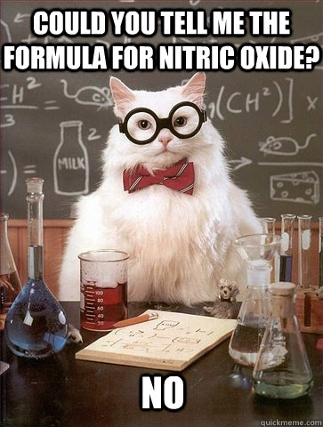 Could you tell me the formula for Nitric Oxide? NO  Chemistry Cat