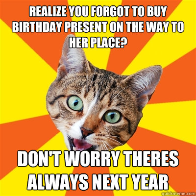 realize you forgot to buy birthday present on the way to her place? don't worry theres always next year  Bad Advice Cat