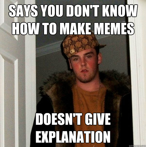 Says you don't know how to make memes doesn't give explanation  Scumbag Steve