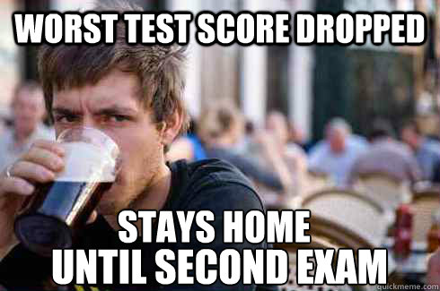 Worst test score dropped Stays home until second exam  Lazy College Senior