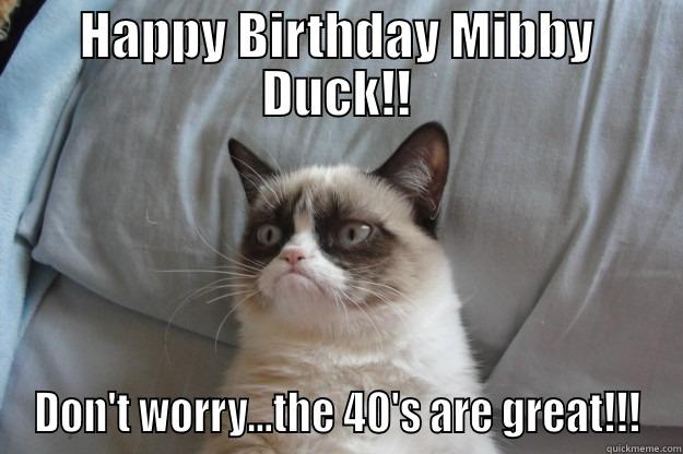 HAPPY BIRTHDAY MIBBY DUCK!! DON'T WORRY...THE 40'S ARE GREAT!!! Grumpy Cat