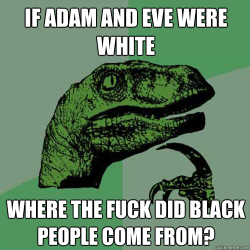 if adam and eve were white where the fuck did black people come from?  Philosoraptor