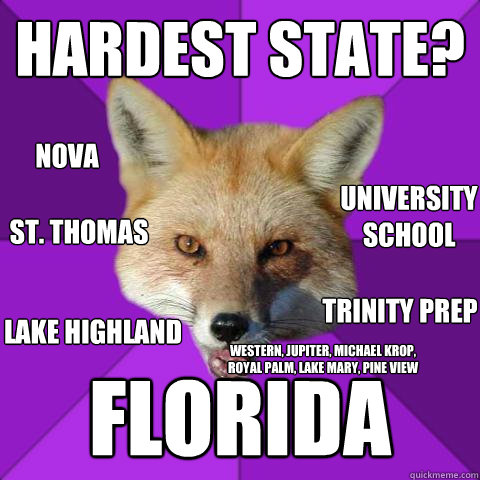 Hardest State? FLORIDA Nova University School St. Thomas Trinity Prep Lake Highland Western, Jupiter, Michael Krop, Royal Palm, Lake Mary, Pine View  Forensics Fox