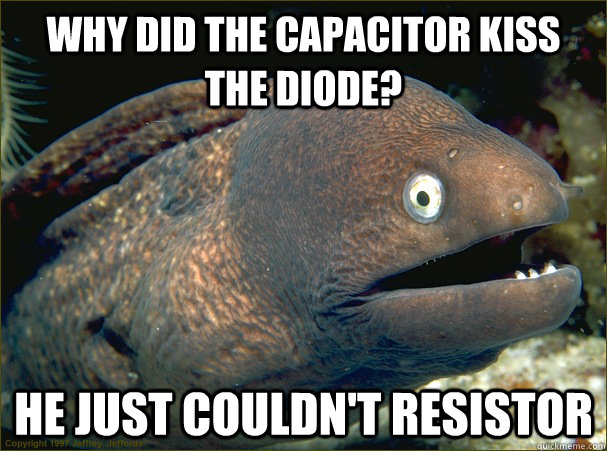 Why did the capacitor kiss the diode?  He just couldn't resistor - Why did the capacitor kiss the diode?  He just couldn't resistor  Bad Joke Eel