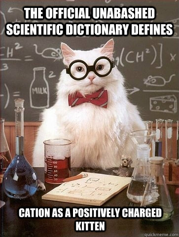 The official unabashed scientific dictionary defines cation as a positively charged kitten  Chemistry Cat