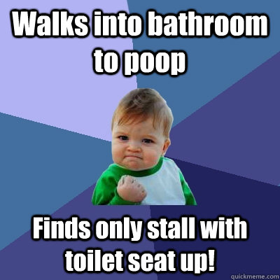 Walks into bathroom to poop Finds only stall with toilet seat up!  Success Kid