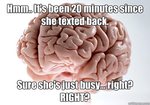 Hmm.. It's been 20 minutes since she texted back. Sure she's just busy... right? RIGHT? - Hmm.. It's been 20 minutes since she texted back. Sure she's just busy... right? RIGHT?  Scumbag Brain