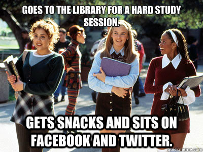 Goes to the library for a hard study session. Gets Snacks and sits on facebook and twitter.    hello