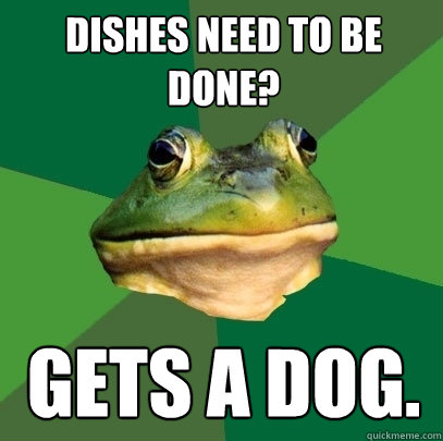 Dishes need to be done? Gets a dog.  Foul Bachelor Frog