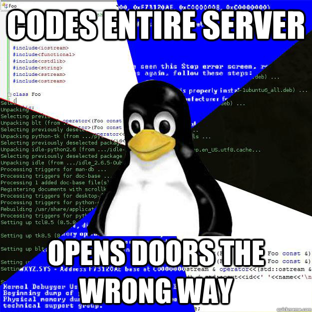 Codes entire server Opens doors the wrong way  Computer Science Penguin